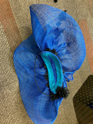 Fancy fascinator hat for women. Statement big blue hat. Blue, Black Derby hat. Tea party headpiece.  Large womens fascinator hat