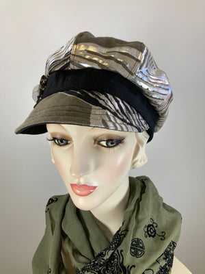 Women's neutral linen Newsboy Cap. Ladies Newsboy Hat. Black and metallic Newsboy. Ladies Travel hat. Baker Boy Cap. Black Apple Hat.
