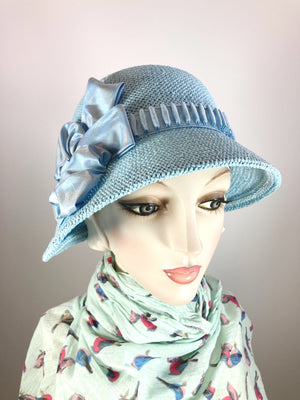 Women's 1920s Cloche Style Hat. Summer Robin's Egg Blue Straw Hat. Women's Summer Hat.