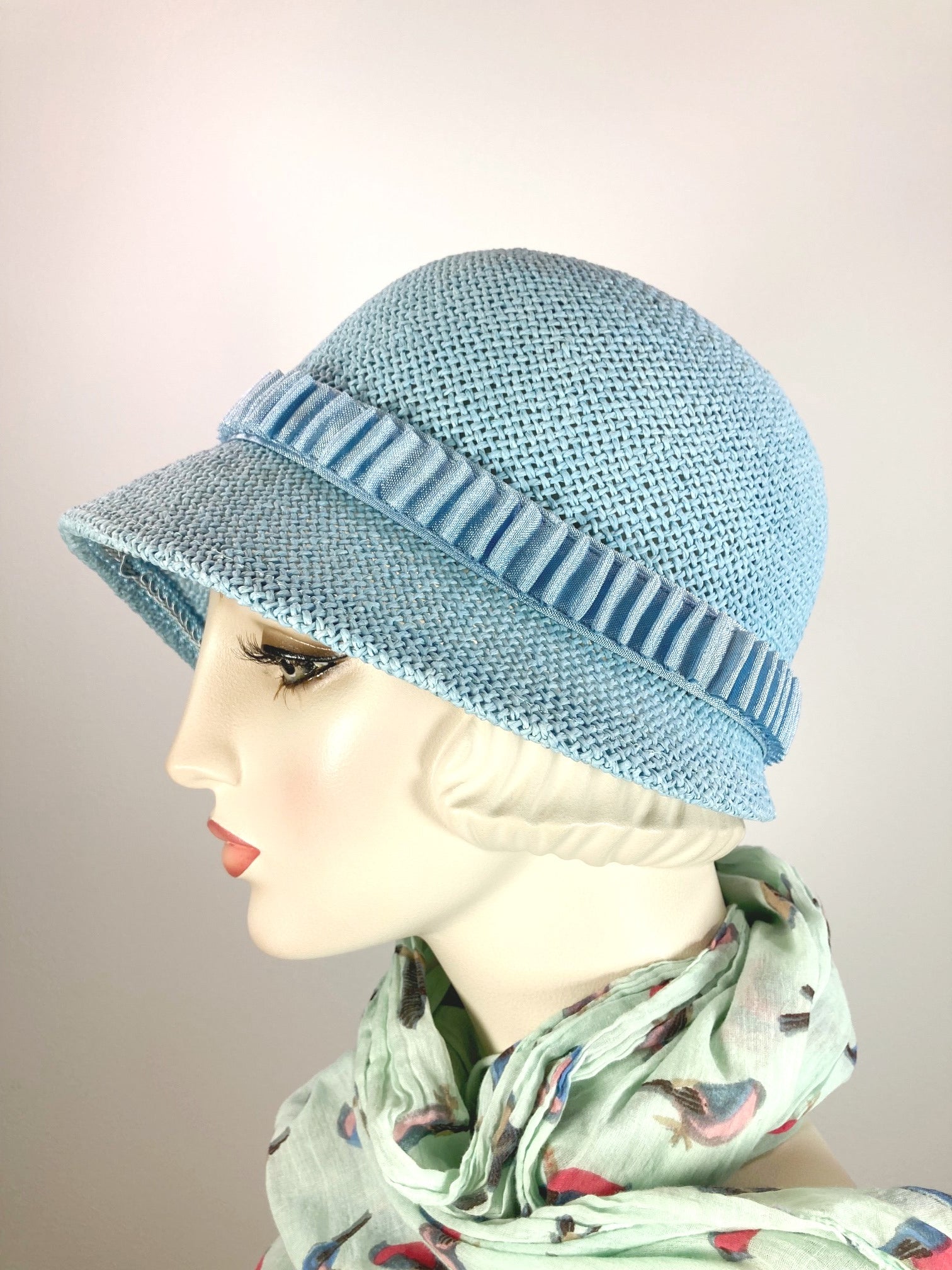 Women's 1920s Cloche Style Hat. Summer Robin's Egg Blue Straw Hat. Women's Summer Hat.