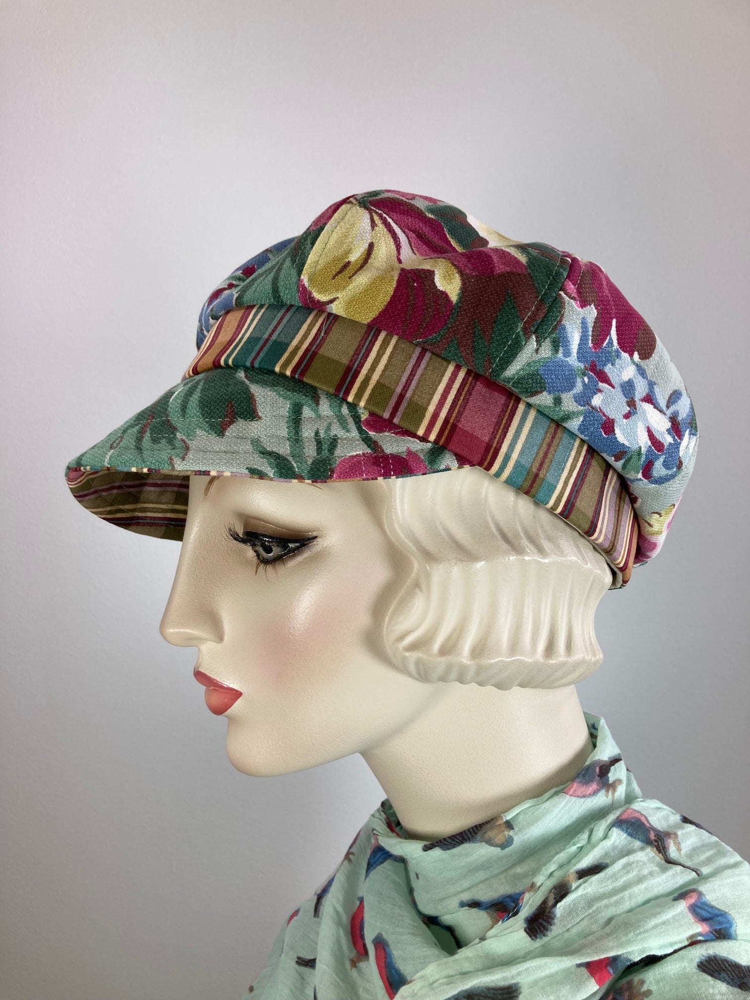 Womens Vintage floral bark Cloth Newsboy hat. Ladies Summer Newsboy Visor Cap. Soft Travel Fabric Sustainable fashion apple paperboy hat.