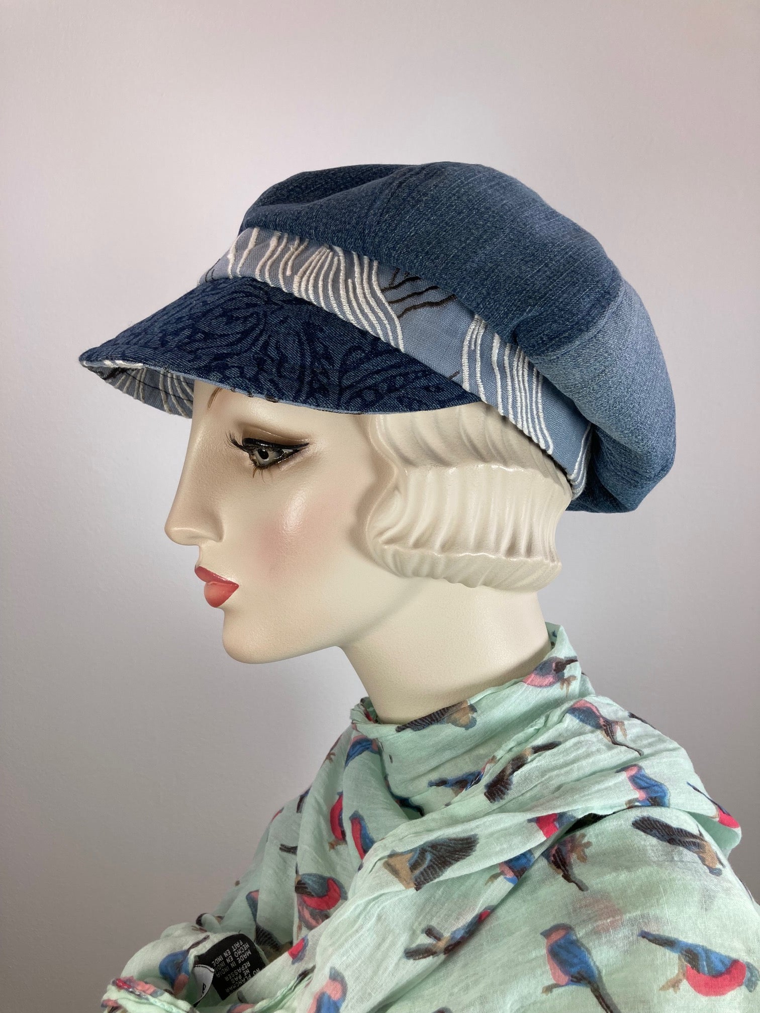 Womens recycled denim newsboy hat. Ladies casual travel newsboy cap. One of a kind paperboy hat. Apple hat. Sustainable fabric hat.