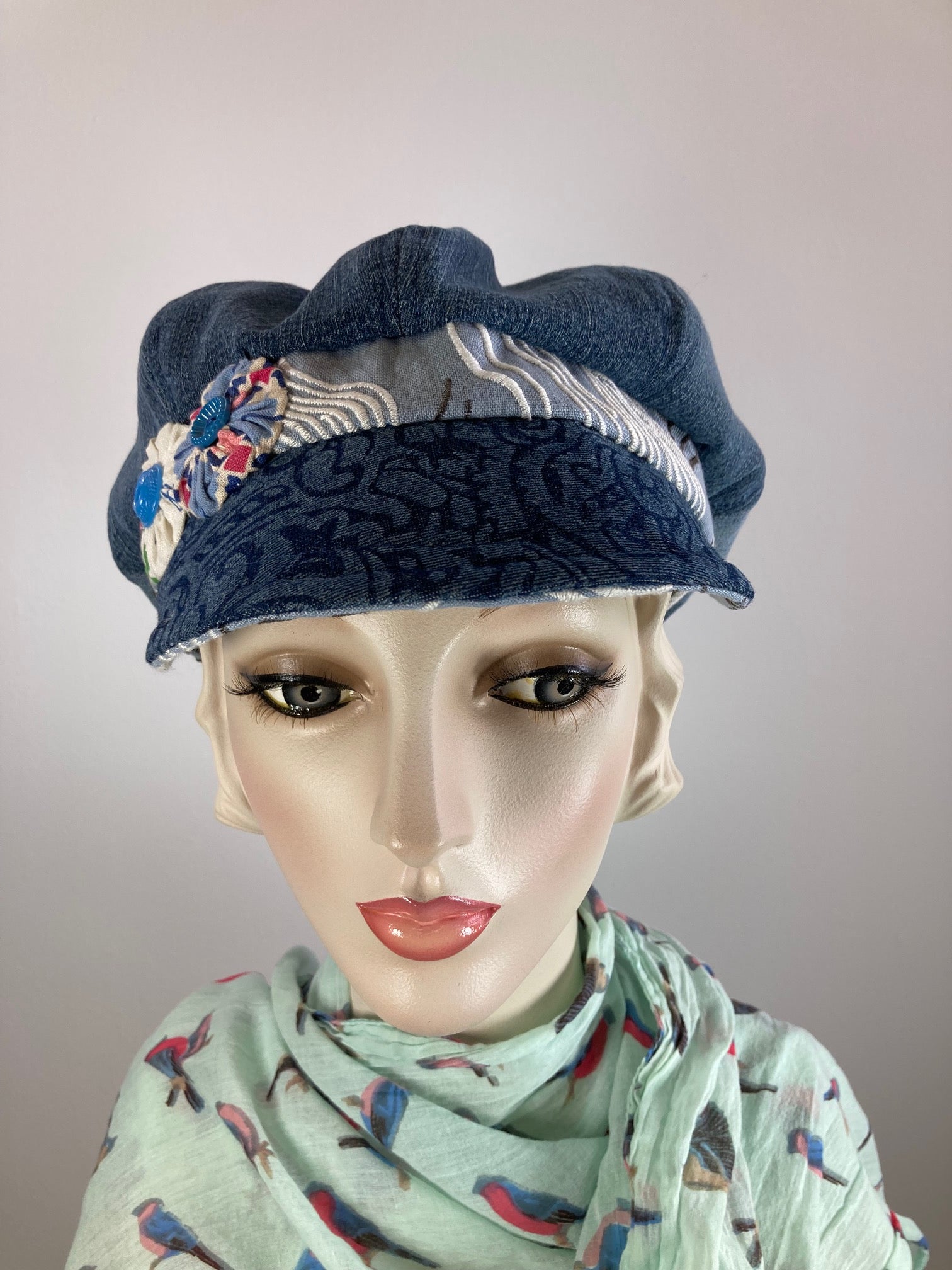 Womens recycled denim newsboy hat. Ladies casual travel newsboy cap. One of a kind paperboy hat. Apple hat. Sustainable fabric hat.