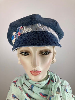 Womens recycled denim newsboy hat. Ladies casual travel newsboy cap. One of a kind paperboy hat. Apple hat. Sustainable fabric hat.