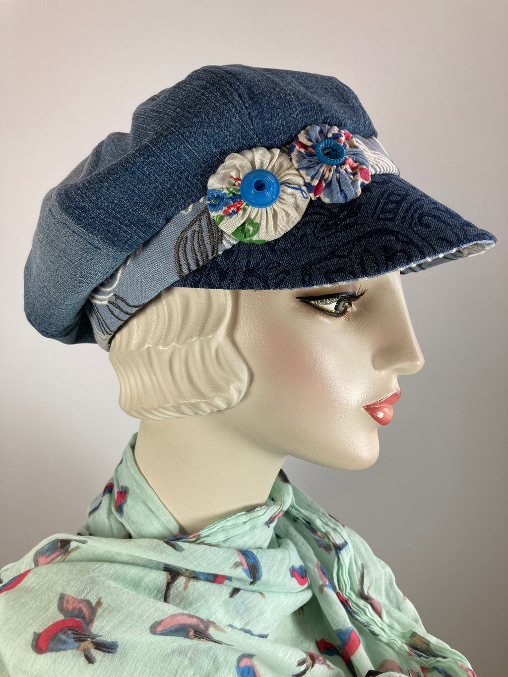 Womens recycled denim newsboy hat. Ladies casual travel newsboy cap. One of a kind paperboy hat. Apple hat. Sustainable fabric hat.