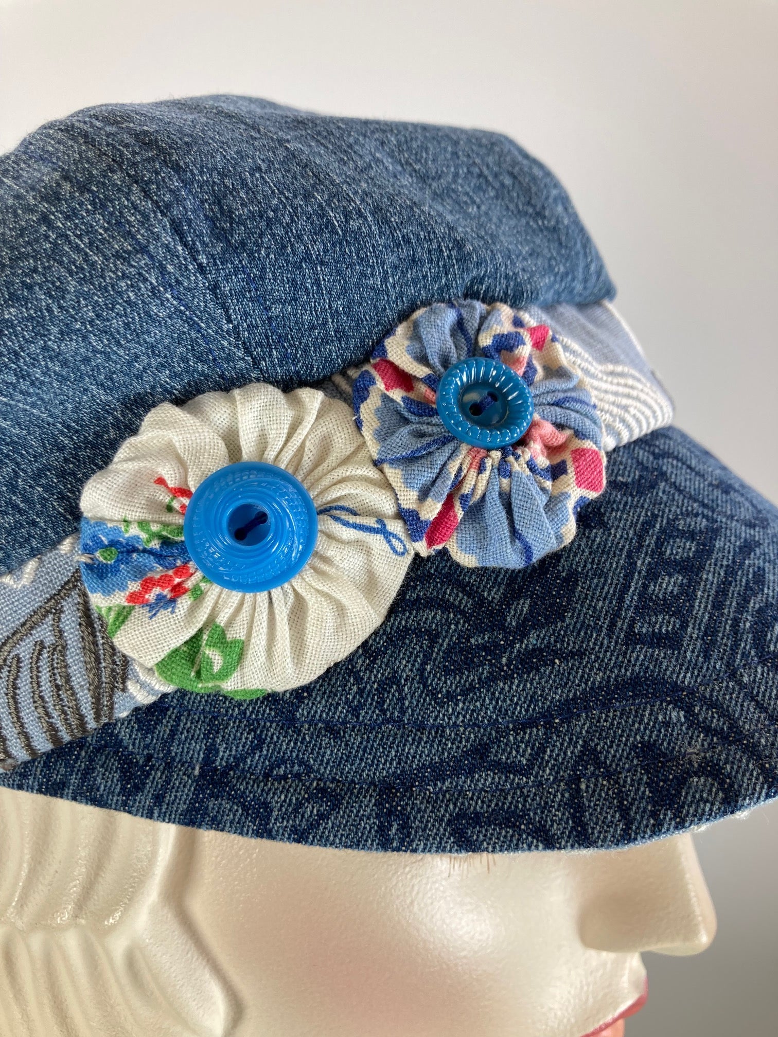 Womens recycled denim newsboy hat. Ladies casual travel newsboy cap. One of a kind paperboy hat. Apple hat. Sustainable fabric hat.