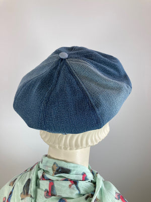 Womens recycled denim newsboy hat. Ladies casual travel newsboy cap. One of a kind paperboy hat. Apple hat. Sustainable fabric hat.