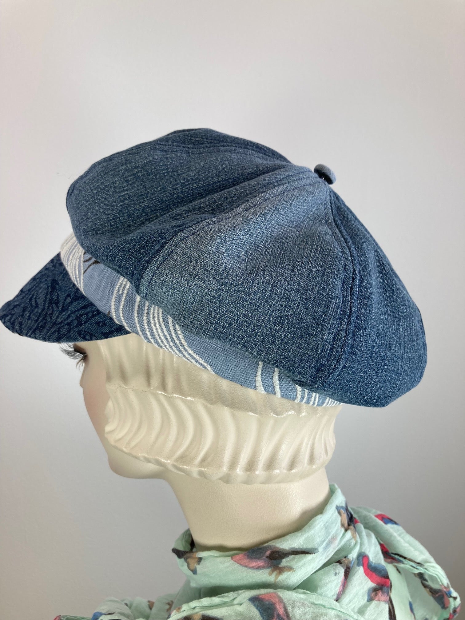 Womens recycled denim newsboy hat. Ladies casual travel newsboy cap. One of a kind paperboy hat. Apple hat. Sustainable fabric hat.