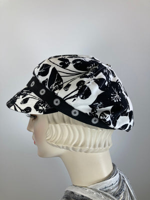 Womens Newsboy hat Black and White. Ladies Newsboy Hat. Summer Visor Cap. Soft Travel Fabric Hat. Sustainable fashion apple paperboy hat.