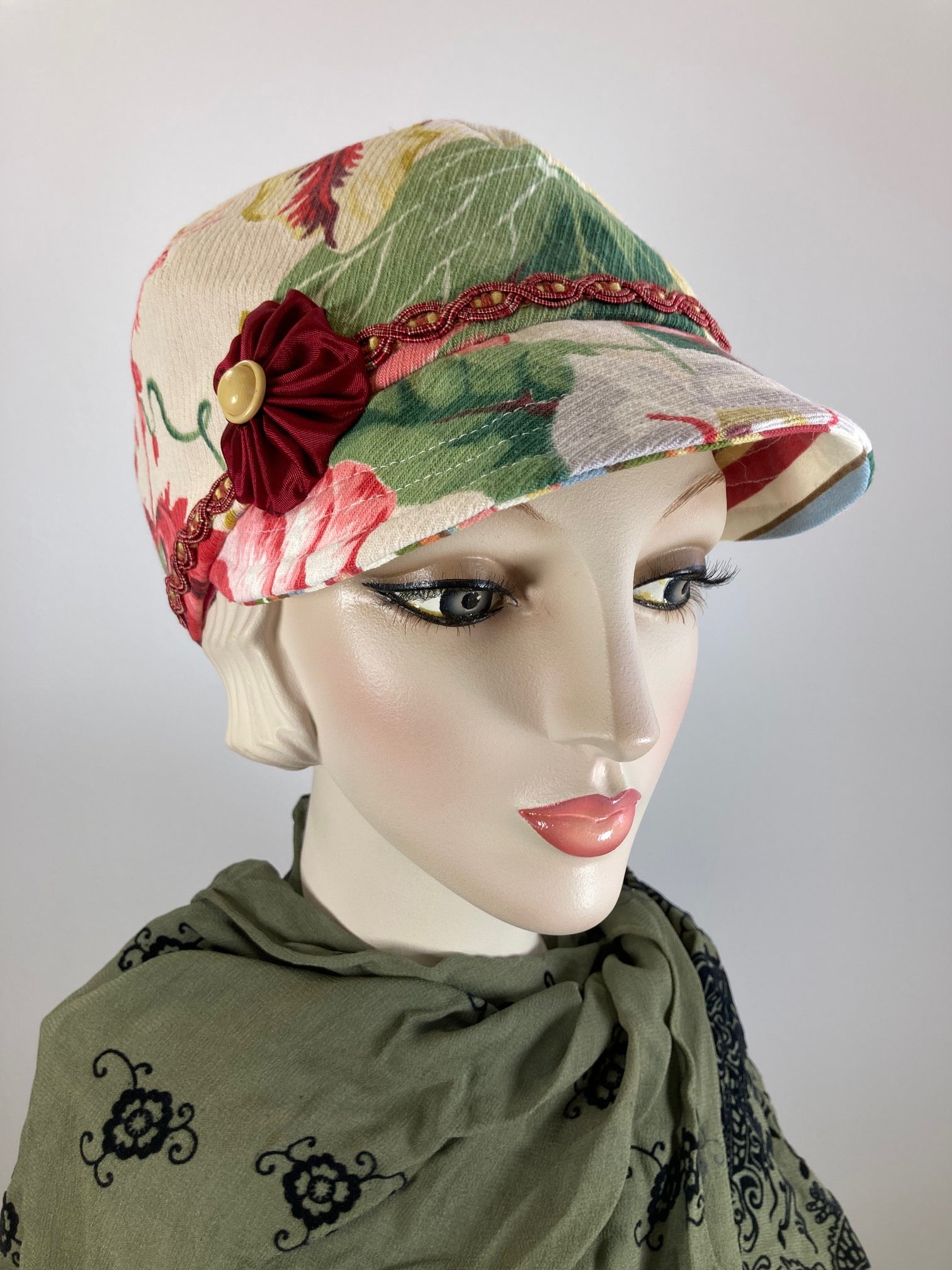 Women's comfy summer baseball style hat. Floral casual vintage fabric newsboy hat gold, green, pink, blue. Ladies unique soft travel hat.