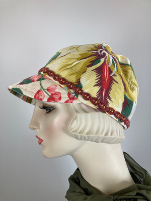 Women's comfy summer baseball style hat. Floral casual vintage fabric newsboy hat gold, green, pink, blue. Ladies unique soft travel hat.