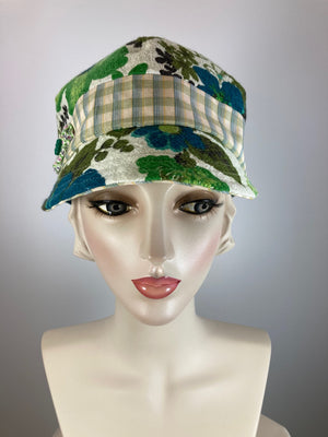 Women's retro summer baseball style hat. Floral casual vintage bark cloth fabric newsboy hat green, ivory, blue. Ladies soft travel hat.