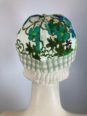 Women's retro summer baseball style hat. Floral casual vintage bark cloth fabric newsboy hat green, ivory, blue. Ladies soft travel hat.