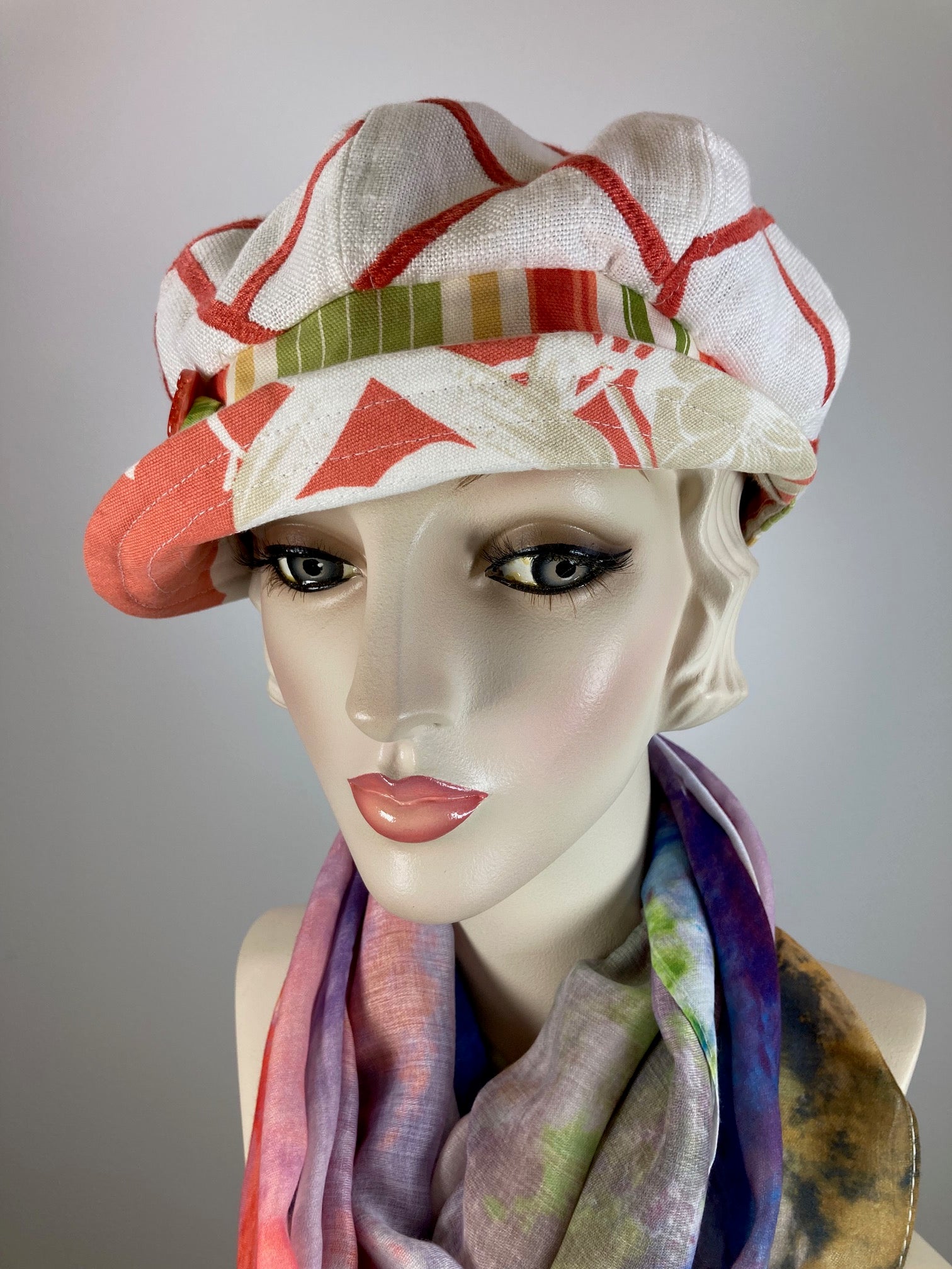 Womens Repurposed Fabric Newsboy hat. Ladies Summer Newsboy Visor Cap. Soft Travel Fabric Sustainable fashion ladies apple paperboy hat.