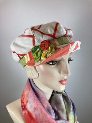 Womens Repurposed Fabric Newsboy hat. Ladies Summer Newsboy Visor Cap. Soft Travel Fabric Sustainable fashion ladies apple paperboy hat.