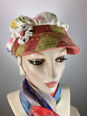 Womens recycled vintage tablecloth newsboy hat. Ladies travel newsboy cap. One of a kind paperboy hat. Sustainable fabric Apple hat.