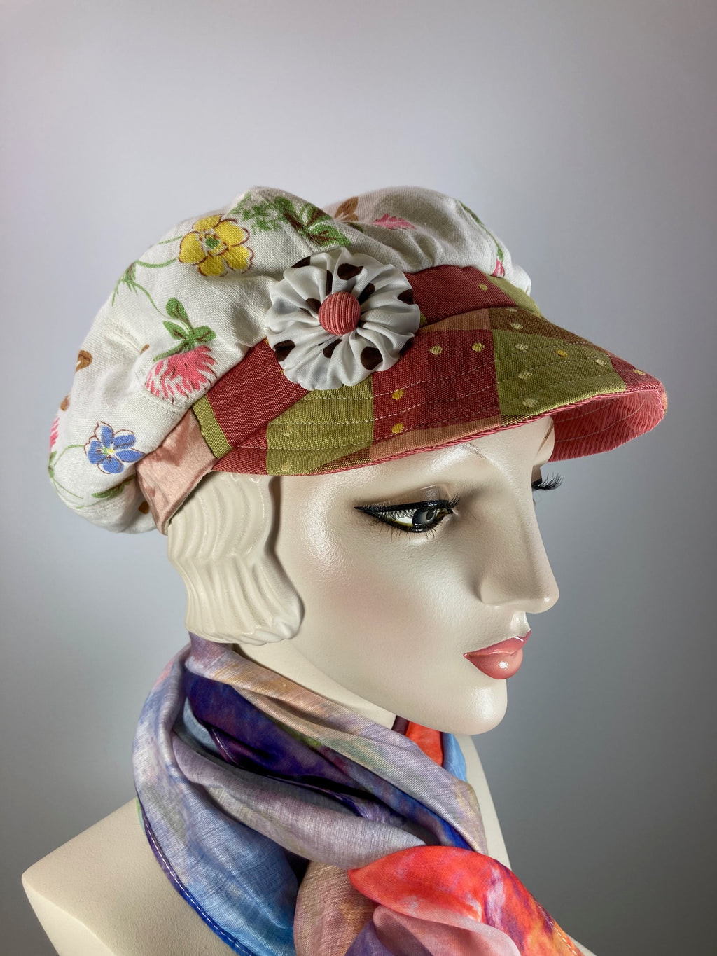Womens recycled vintage tablecloth newsboy hat. Ladies travel newsboy cap. One of a kind paperboy hat. Sustainable fabric Apple hat.