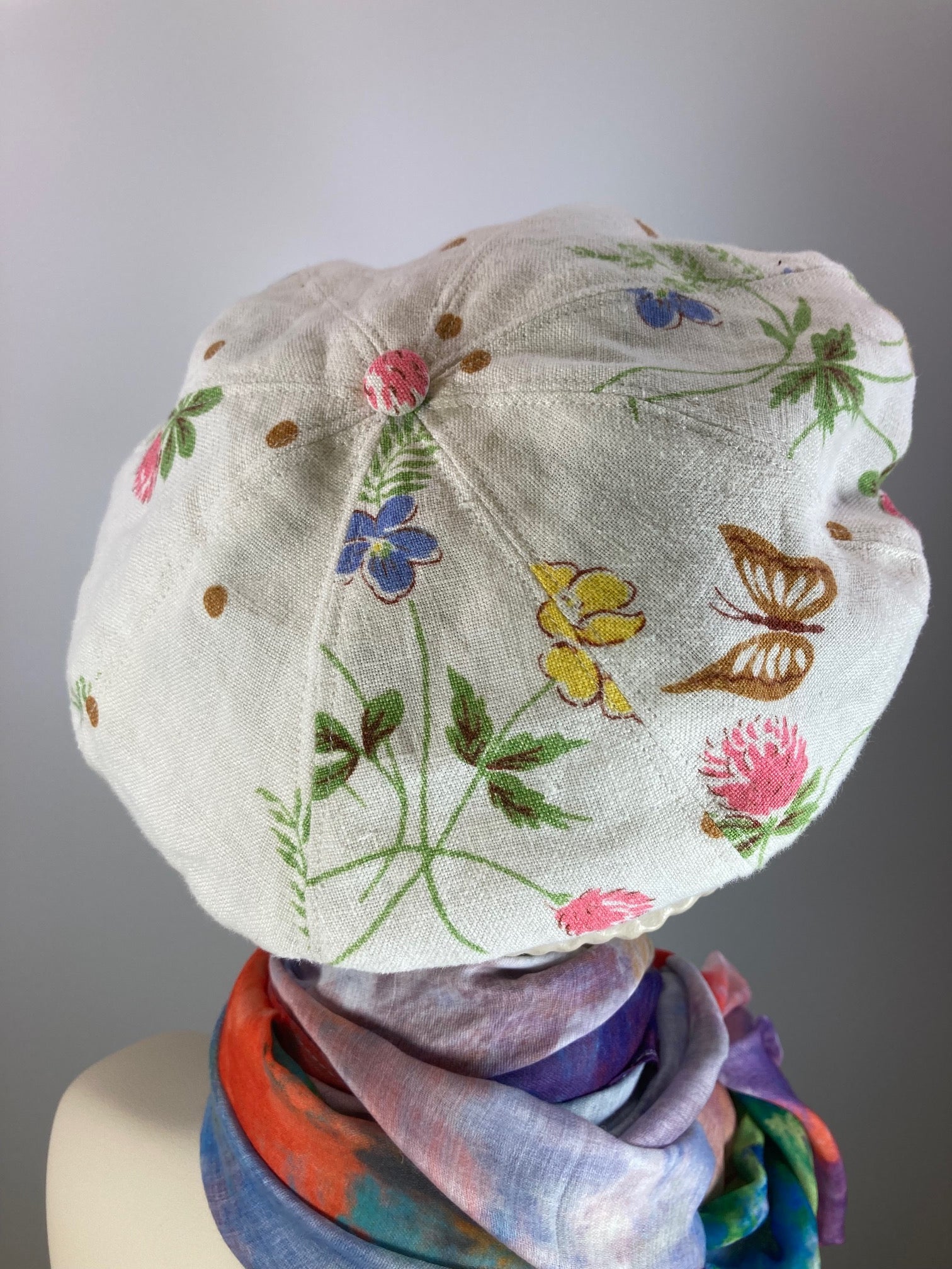 Womens recycled vintage tablecloth newsboy hat. Ladies travel newsboy cap. One of a kind paperboy hat. Sustainable fabric Apple hat.