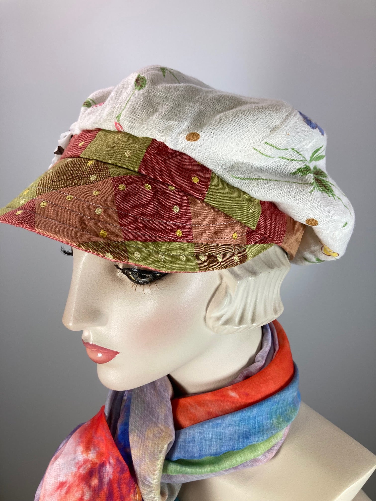 Womens recycled vintage tablecloth newsboy hat. Ladies travel newsboy cap. One of a kind paperboy hat. Sustainable fabric Apple hat.