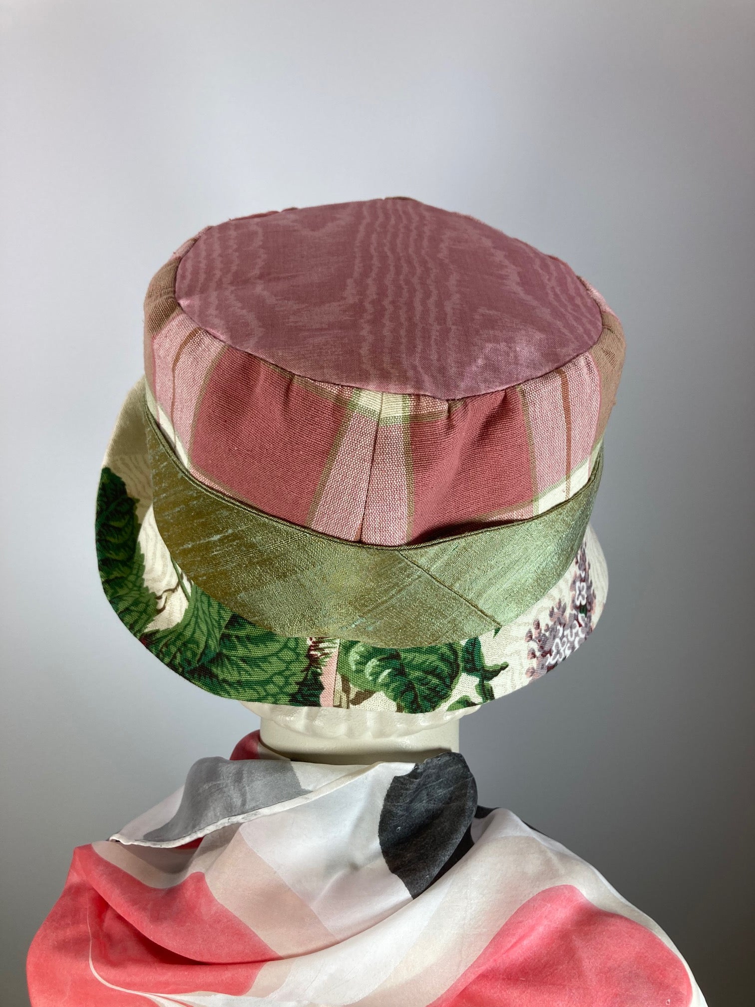 Mixed repurposed fabric pink green ivory Summer Cloche Hat. Small Brim Hat for Women. Ladies Cool Summer Travel Hat. One of a kind hat.