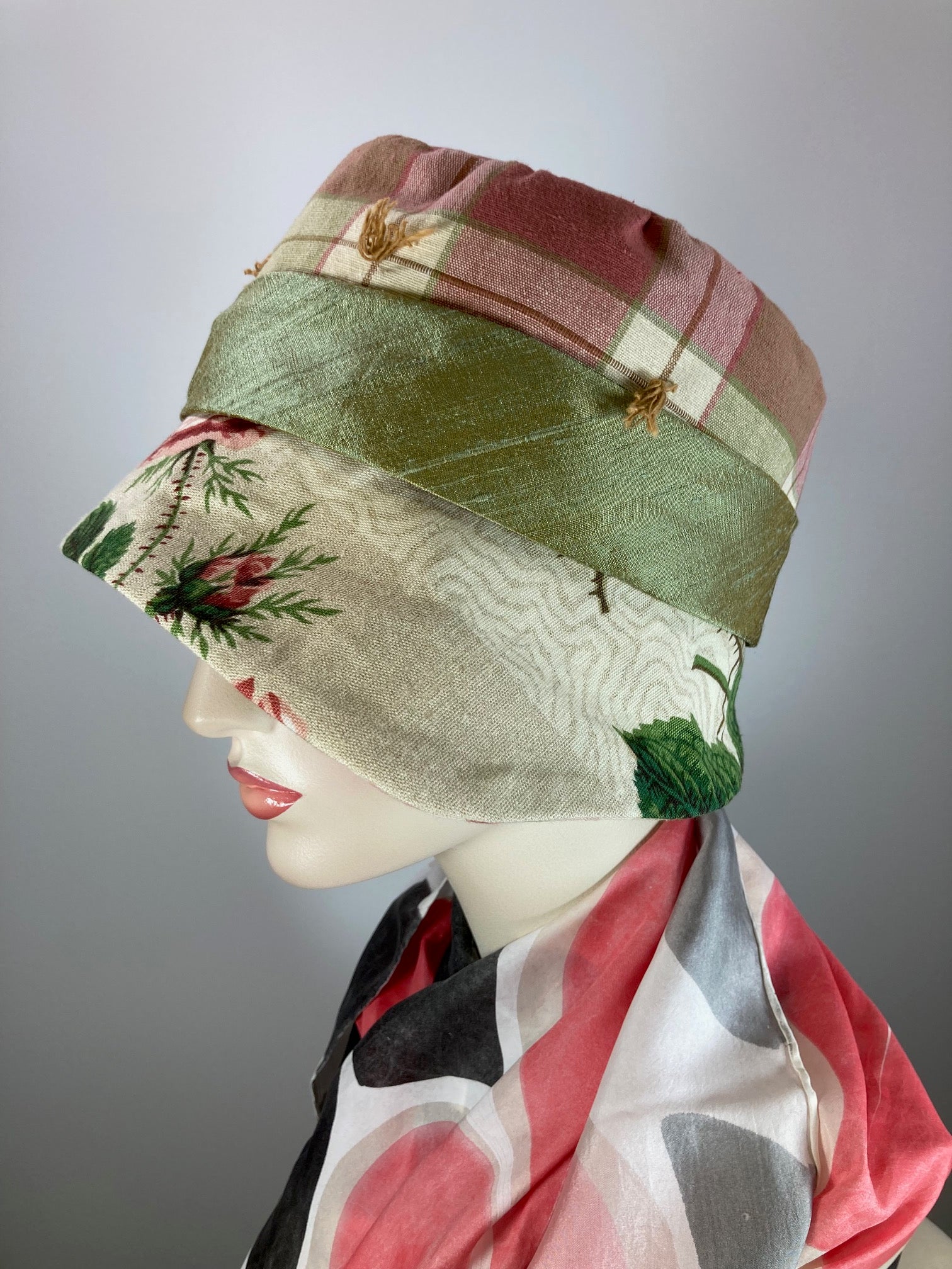 Mixed repurposed fabric pink green ivory Summer Cloche Hat. Small Brim Hat for Women. Ladies Cool Summer Travel Hat. One of a kind hat.