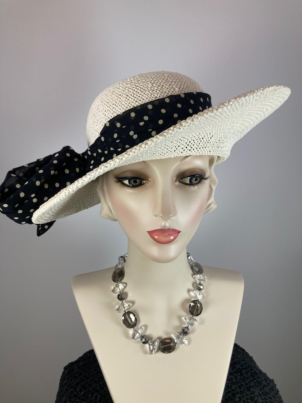 Neutral off white Open Weave Straw Womens Brim hat. Ladies summer polka dot feminine hat. Lightweight cool summer ivory black ladies hat.