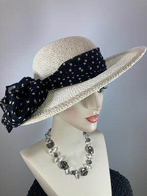 Neutral off white Open Weave Straw Womens Brim hat. Ladies summer polka dot feminine hat. Lightweight cool summer ivory black ladies hat.