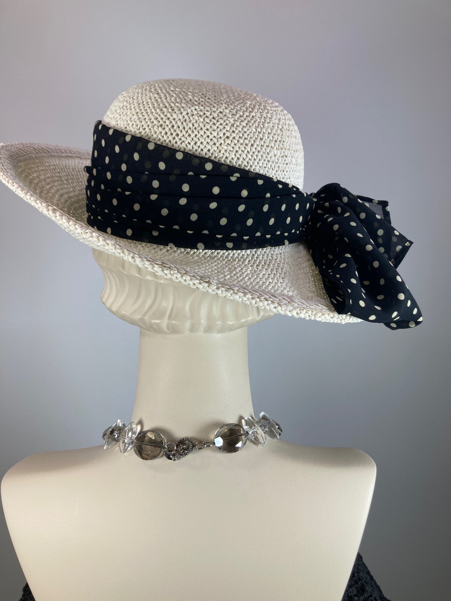 Neutral off white Open Weave Straw Womens Brim hat. Ladies summer polka dot feminine hat. Lightweight cool summer ivory black ladies hat.