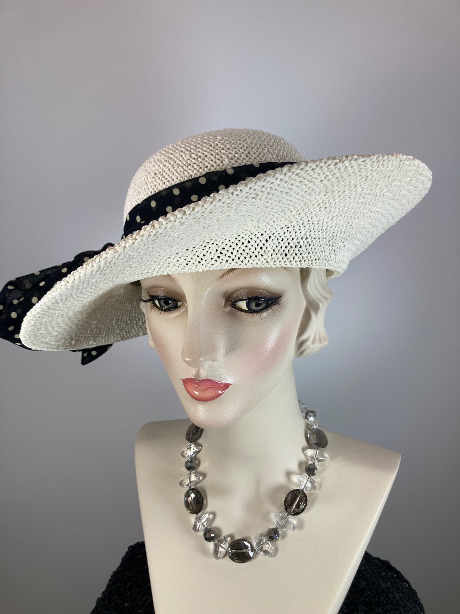 Neutral off white Open Weave Straw Womens Brim hat. Ladies summer polka dot feminine hat. Lightweight cool summer ivory black ladies hat.