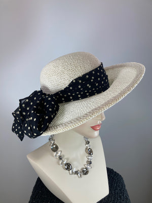 Neutral off white Open Weave Straw Womens Brim hat. Ladies summer polka dot feminine hat. Lightweight cool summer ivory black ladies hat.