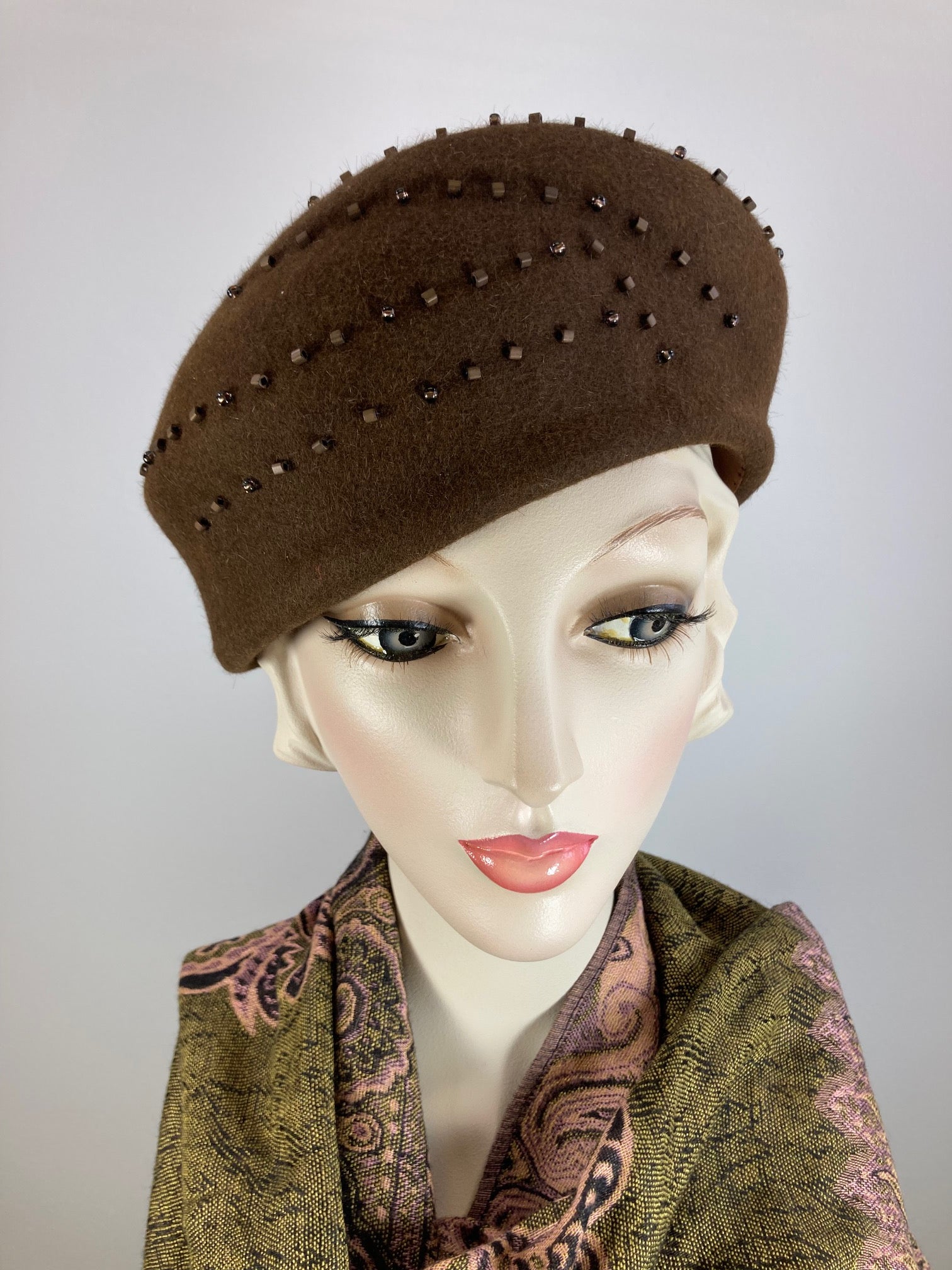 Women's small turban hat topper. Ladies small hat. Brown beaded hat. Ladies small topper hat. Upcycled sustainable hat. Vintage style.