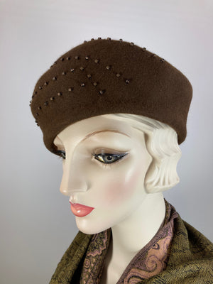 Women's small turban hat topper. Ladies small hat. Brown beaded hat. Ladies small topper hat. Upcycled sustainable hat. Vintage style.