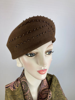 Women's small turban hat topper. Ladies small hat. Brown beaded hat. Ladies small topper hat. Upcycled sustainable hat. Vintage style.