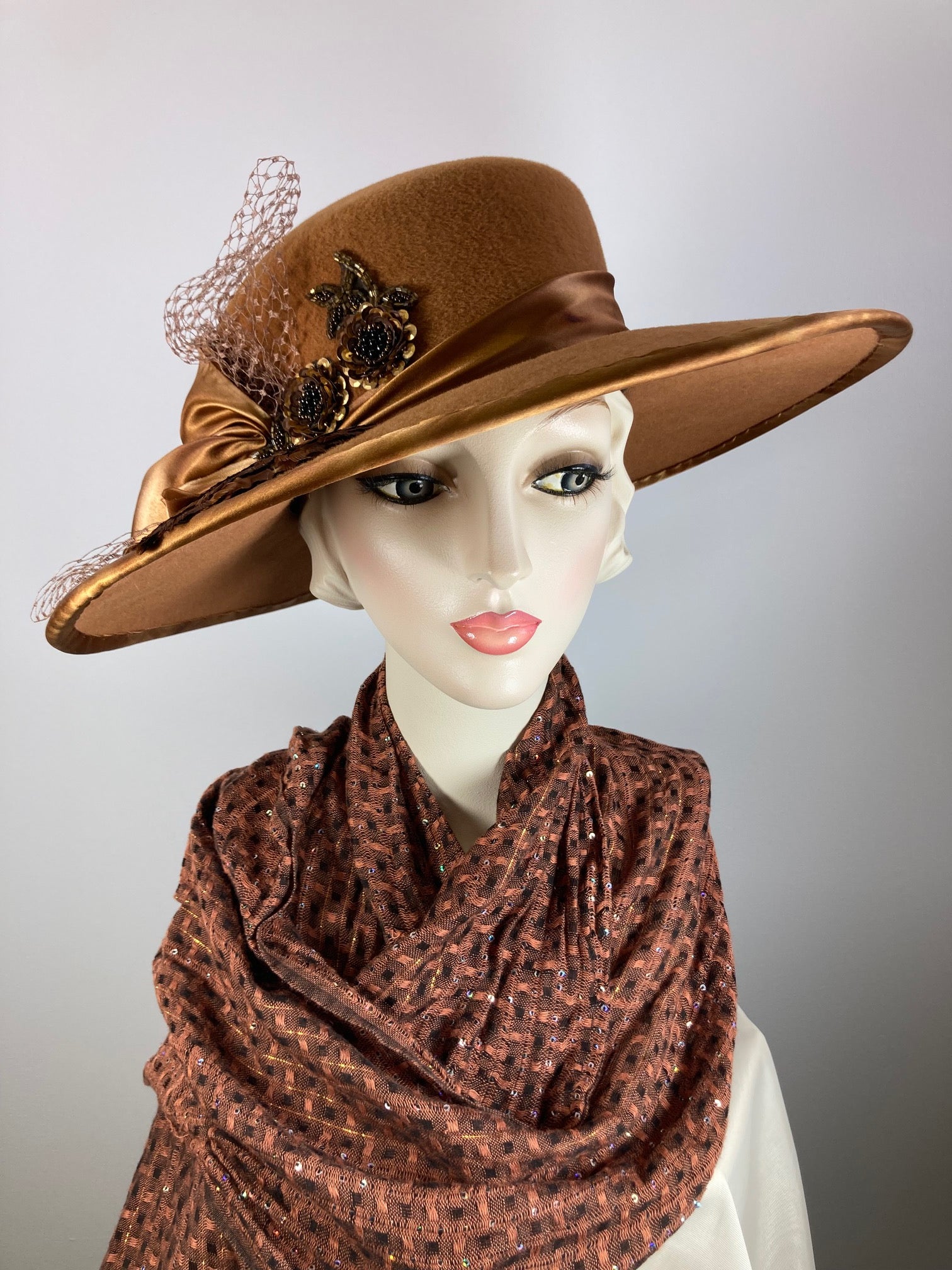 Women's Camel Winter Hat. 1920s Style Downton Abbey Caramel Wide Brim Hat. Ladies Wool Felt Statement Fashion Hat. Women's Camel Winter Hat. 1920s Style Downton Abbey Caramel Wide Brim Hat. Ladies Wool Felt Statement Fashion Hat.
