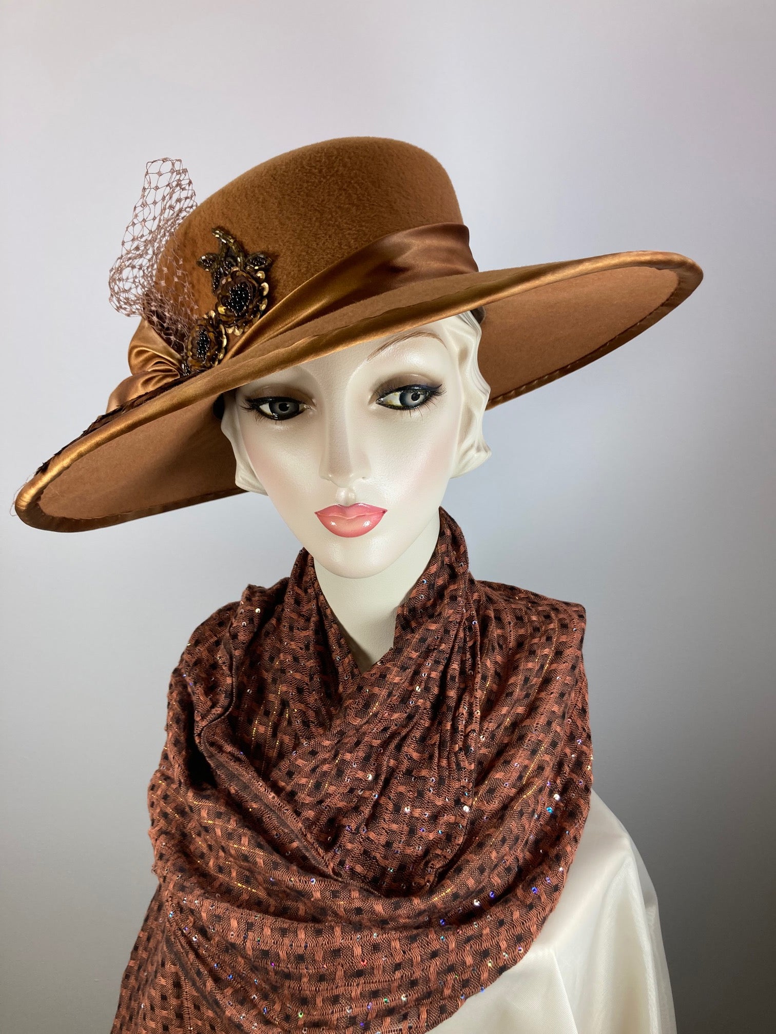 ladies dress hats cheap Fuchsia Black Silk Flower Down Brim Wool Felt Women's Dress Hats