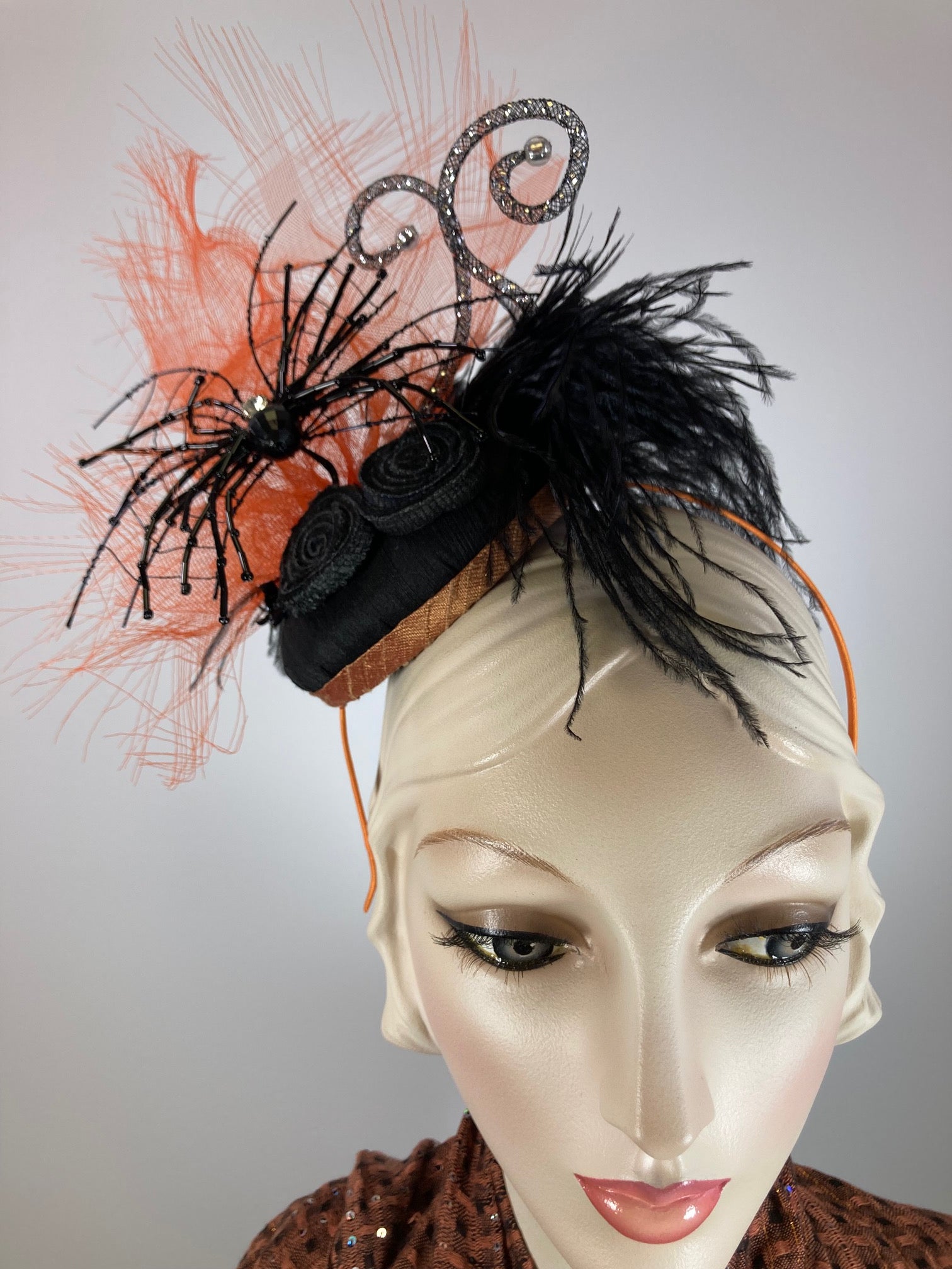 Fancy Halloween fascinator hat for women. Small spider hat. Black and orange hat. Tea party headpiece. Small scale spider Headband hat