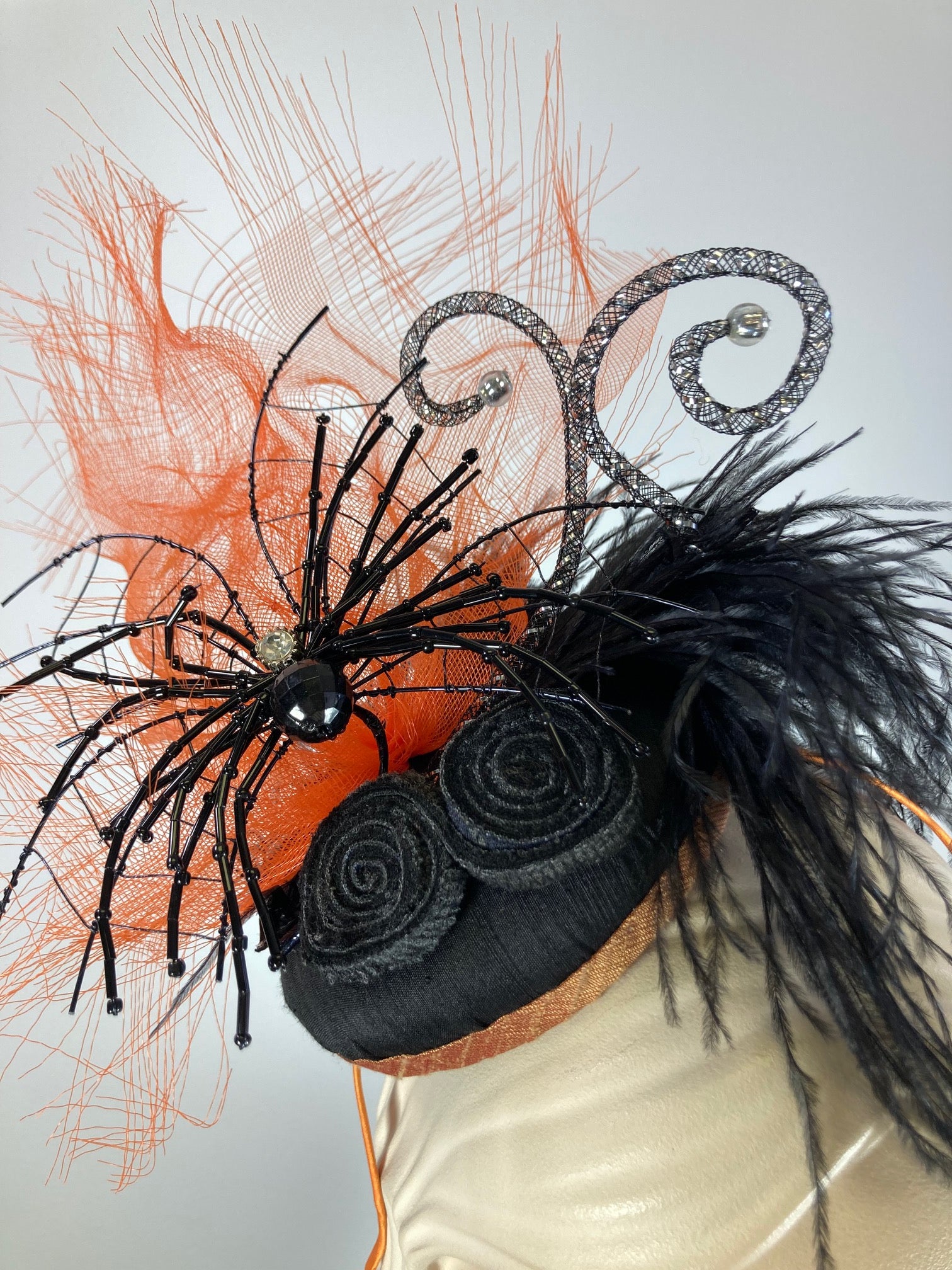 Fancy Halloween fascinator hat for women. Small spider hat. Black and orange hat. Tea party headpiece. Small scale spider Headband hat