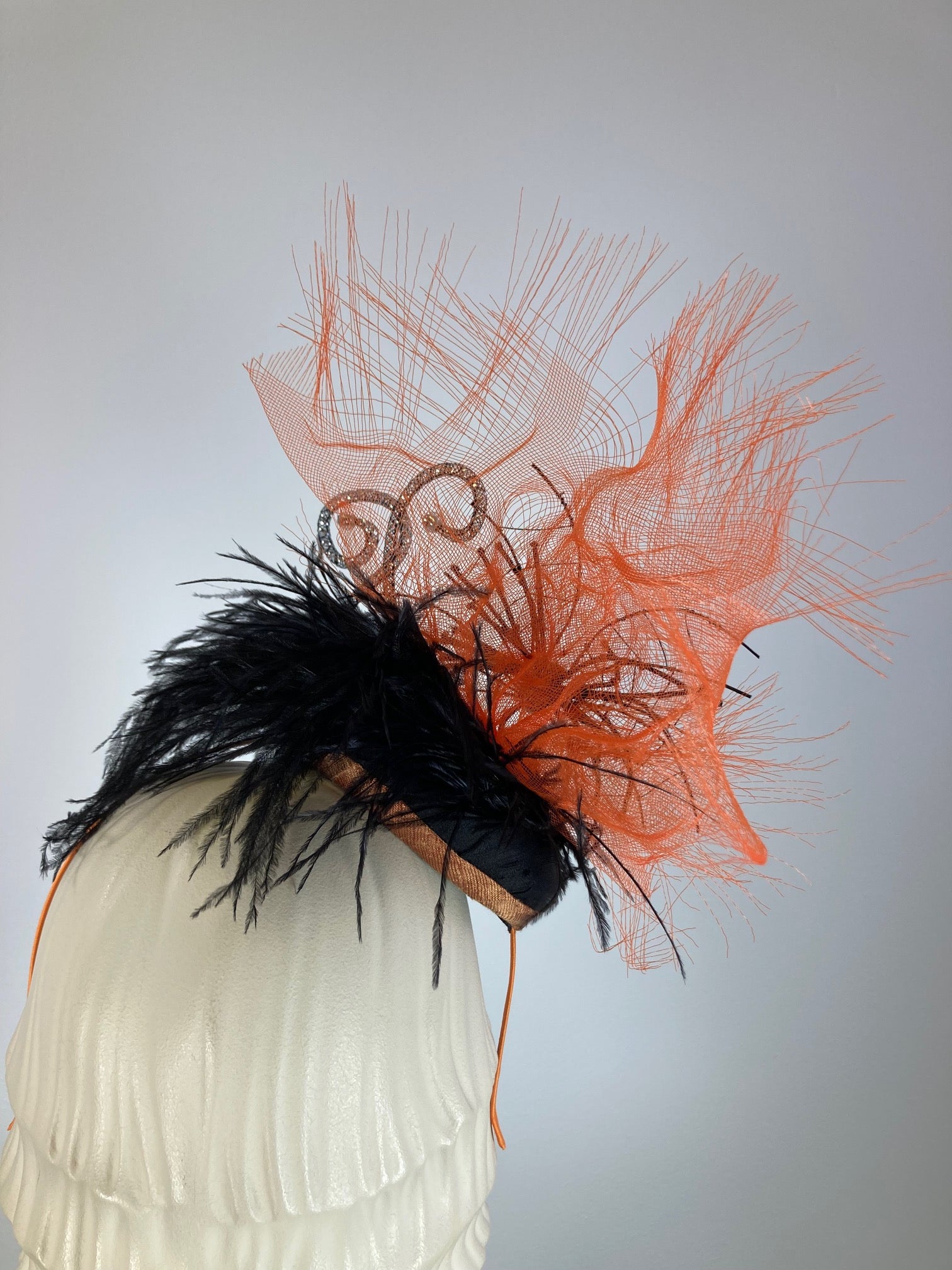 Fancy Halloween fascinator hat for women. Small spider hat. Black and orange hat. Tea party headpiece. Small scale spider Headband hat