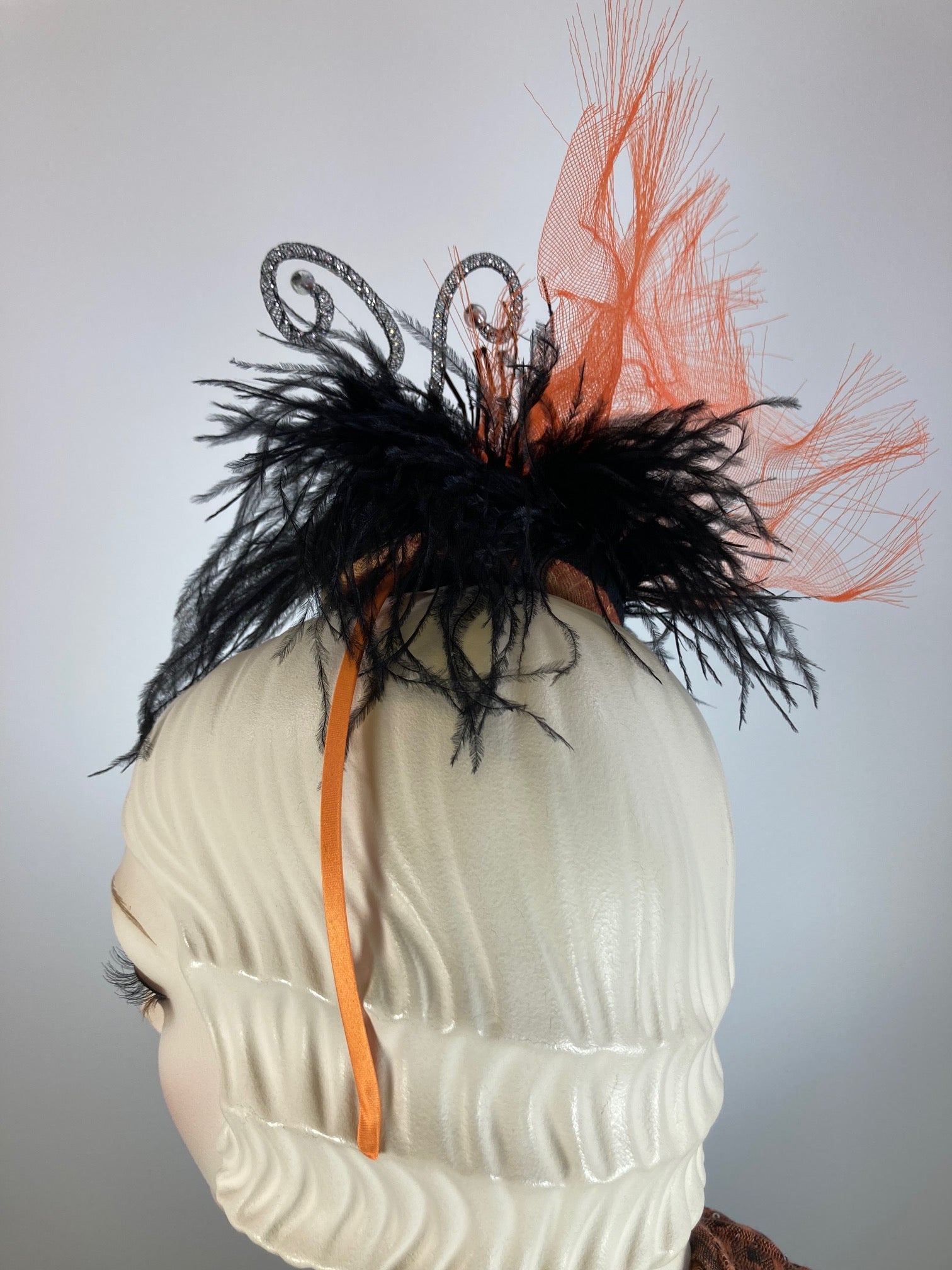 Fancy Halloween fascinator hat for women. Small spider hat. Black and orange hat. Tea party headpiece. Small scale spider Headband hat