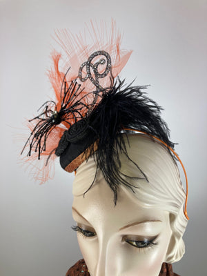 Fancy Halloween fascinator hat for women. Small spider hat. Black and orange hat. Tea party headpiece. Small scale spider Headband hat