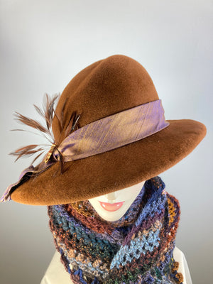 Women's asymmetrical wool fedora. Ladies Warm Felt hat. Brown Winter Medium Brim Fedora Hat. Adjustable Stylish Ladies Winter Fedora Hat