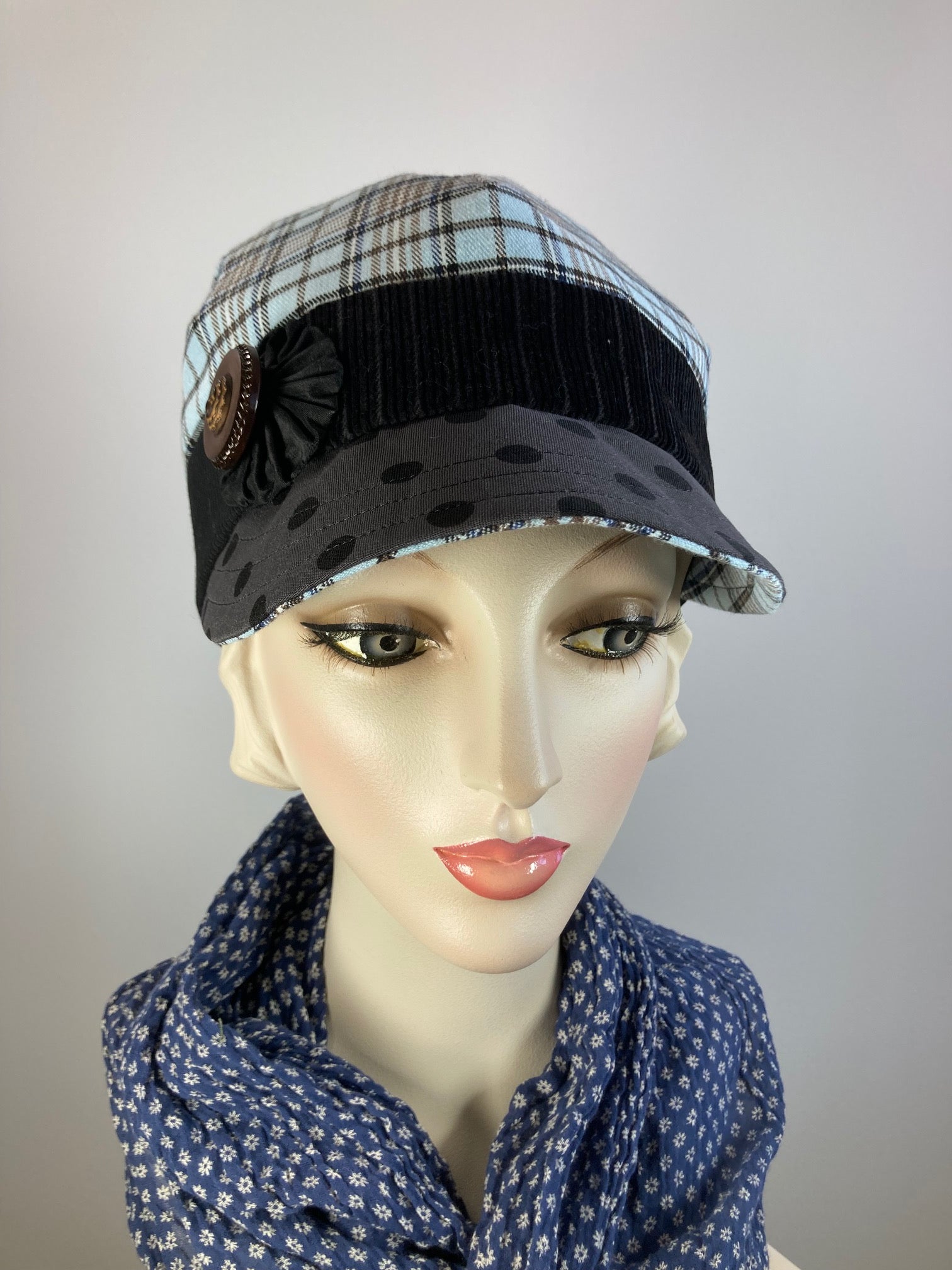 Women's plaid winter hat baseball style. Newsboy blue black brown. Casual hat ladies. Comfy packable travel hat. Stylish Ladies soft hat.