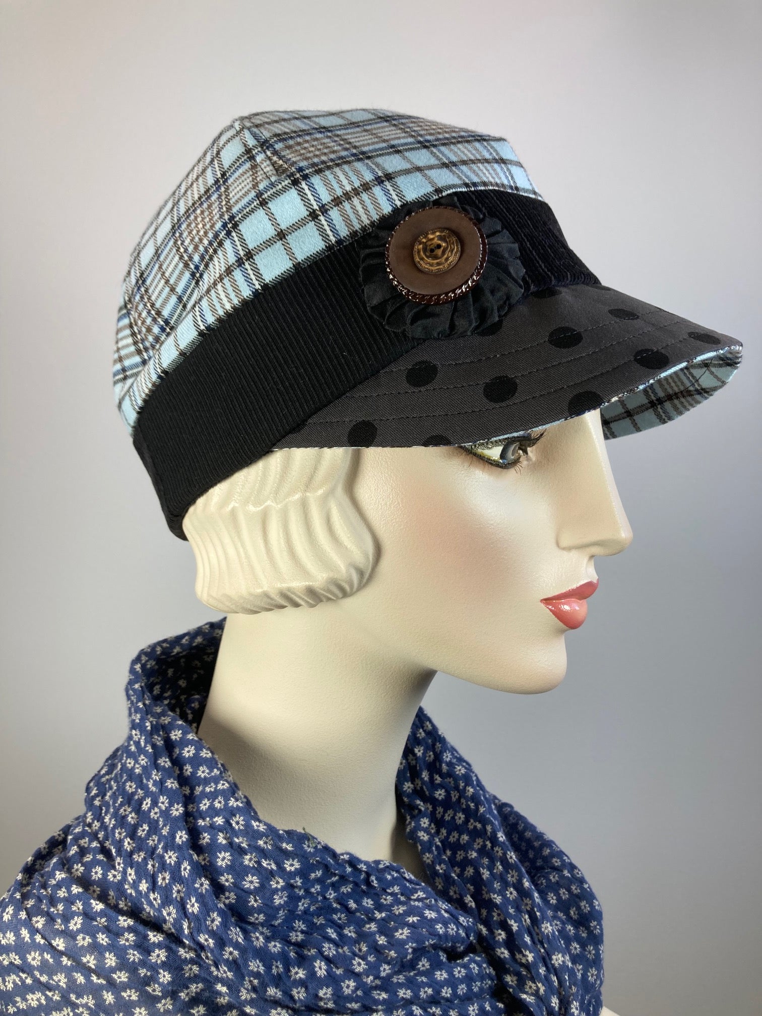 Women's plaid winter hat baseball style. Newsboy blue black brown. Casual hat ladies. Comfy packable travel hat. Stylish Ladies soft hat.