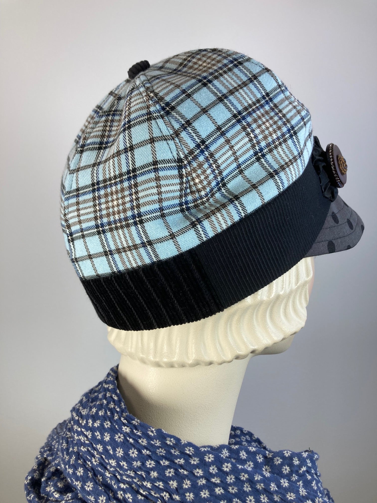 Women's plaid winter hat baseball style. Newsboy blue black brown. Casual hat ladies. Comfy packable travel hat. Stylish Ladies soft hat.