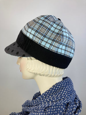 Women's plaid winter hat baseball style. Newsboy blue black brown. Casual hat ladies. Comfy packable travel hat. Stylish Ladies soft hat.