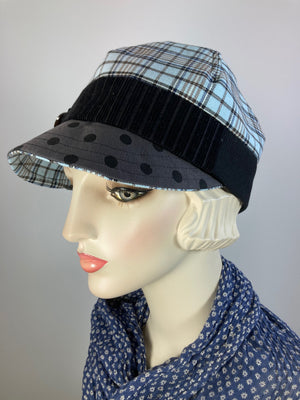 Women's plaid winter hat baseball style. Newsboy blue black brown. Casual hat ladies. Comfy packable travel hat. Stylish Ladies soft hat.