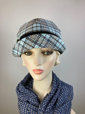 Women's plaid winter hat baseball style. Newsboy blue black brown. Casual hat ladies. Comfy packable travel hat. Stylish Ladies soft hat.