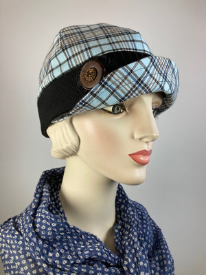 Women's plaid winter hat baseball style. Newsboy blue black brown. Casual hat ladies. Comfy packable travel hat. Stylish Ladies soft hat.