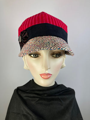 Women's red corduroy winter hat baseball style. Newsboy tweed brim. Casual hat ladies. Comfy packable travel hat. Stylish Ladies soft hat.