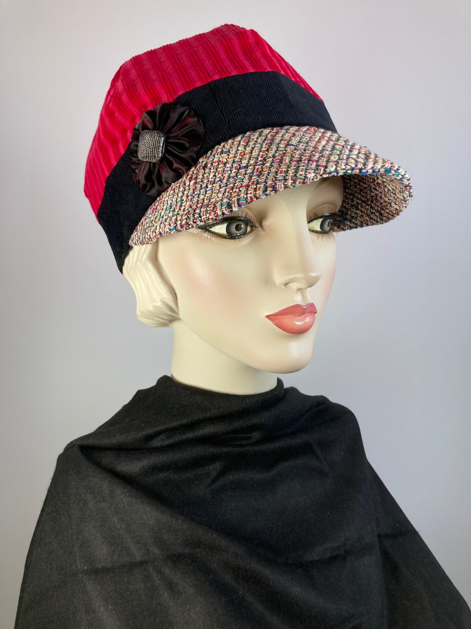 Women's red corduroy winter hat baseball style. Newsboy tweed brim. Casual hat ladies. Comfy packable travel hat. Stylish Ladies soft hat.